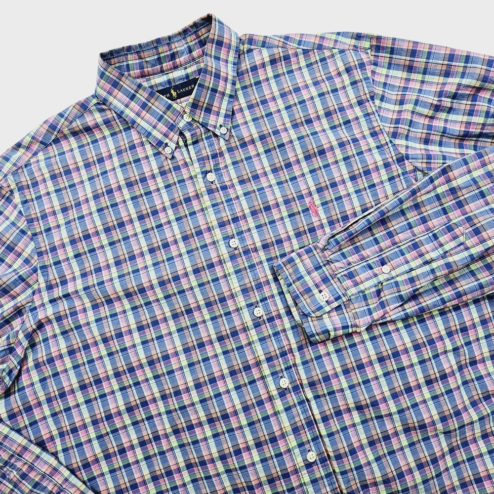 Ralph Lauren Shirt Mens XL Plaid Blue Pink Long Sleeve‎ Button Down Pony Logo